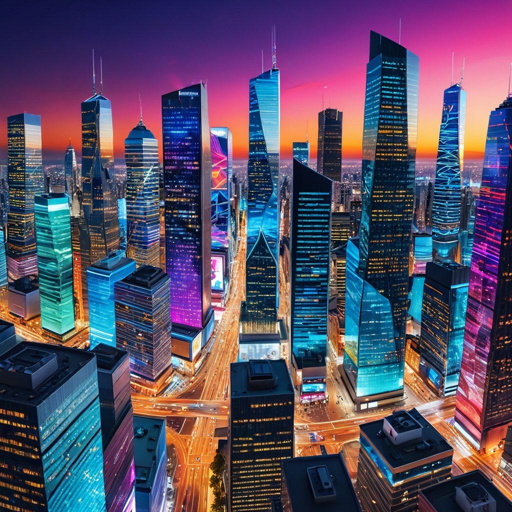 A detailed illustration depicting a bustling cityscape with smartphones and wireless signals radiating outwards, while diverse service providers showcase their technologies in bright, eye-catching billboards. Include symbolic representations of 5G towers and interconnected devices floating above. The sky should be vibrant with colorful technological elements and data streams emphasizing connectivity. futuristic. vibrant colors. detailed vector art.