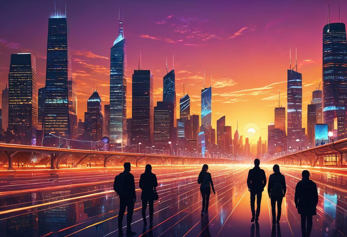 A futuristic city skyline illuminated by mobile network signals, showcasing diverse people using various smart devices connected to vibrant cellular towers. Include abstract representations of data flow and connectivity in the background, with a bright sunset casting dramatic shadows. Emphasize a blend of technology and community. super-realistic. vibrant colors. 3D.
