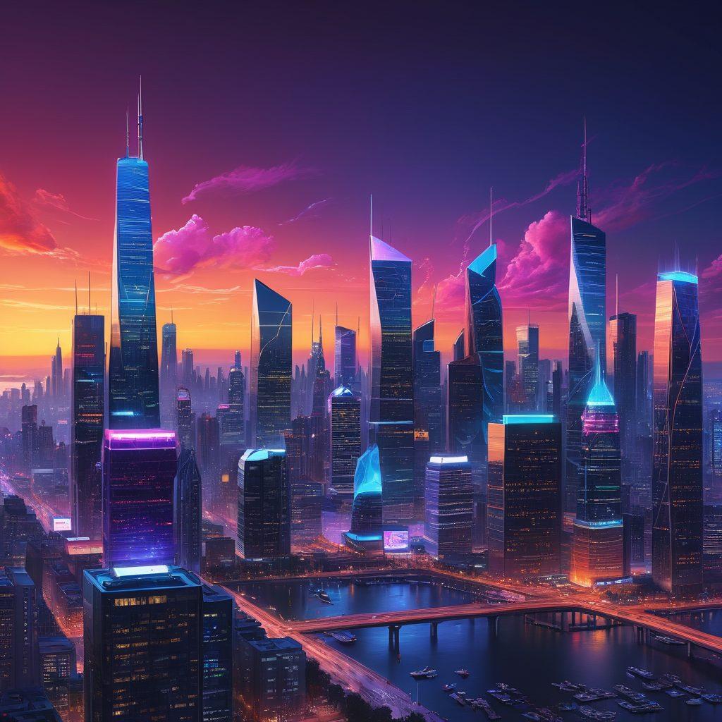 A vibrant, interconnected city skyline at dusk, glowing with cellular signal waves and icons of smartphones, tablets, and laptops symbolizing seamless communication. Include visual elements like antennas and 5G towers, with people using devices in a networked community ambience. Capture a sense of harmony and technology in action. super-realistic. vibrant colors. cyberpunk.